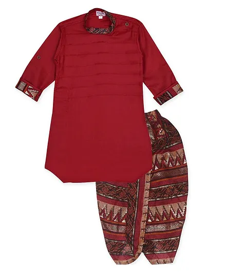 Kinder Kids Full Sleeves Kurta With Printed Dhoti - Red