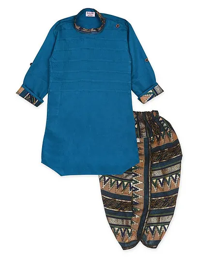 Kinder Kids Full Sleeves Kurta With Printed Dhoti - Blue