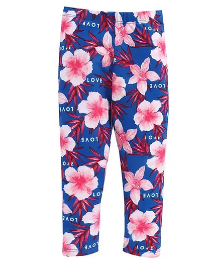 CrayonFlakes Big Flowers Print Full Length Leggings - Blue