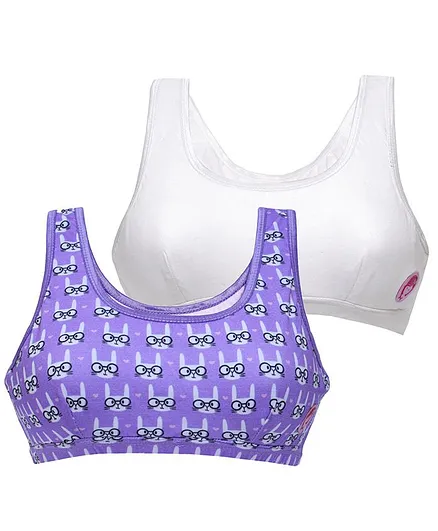D'chica Bunny Print Set Of 2 Non Wired Non Padded Beginner Bra - White Purple