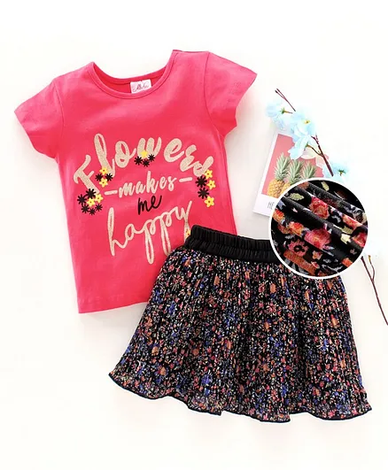 Pspeaches Half Sleeves Flowers Make Me Happy Print T-Shirt With Skirt Set - Black