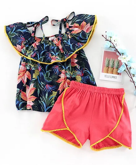 Pspeaches Half Sleeves Flower Print Top & Short Set - Black
