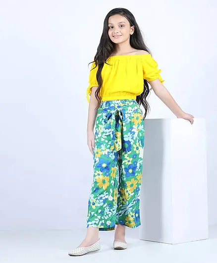 Pspeaches Half Sleeves Off Shoulder Top With Floral Print Pants - Green