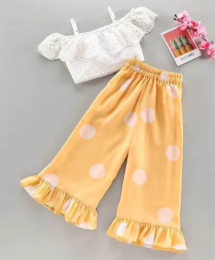 Pspeaches Short Sleeves Cold Shoulder Top With Polka Dots Print Flared Pants - Yellow
