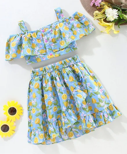 Pspeaches Half Sleeves Lemon Print Layered Top With Pleated Skirt - Blue