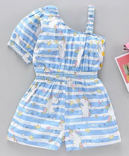 Pspeaches Half Sleeves Unicorns Print Striped Jumpsuit - Blue