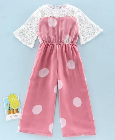 Pspeaches Half Sleeves Polka Dots Print Jumpsuit - Pink