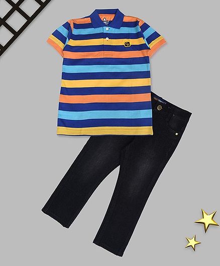 Crazy Penguin Striped Half Sleeves Tee With Jeans - Multi Color