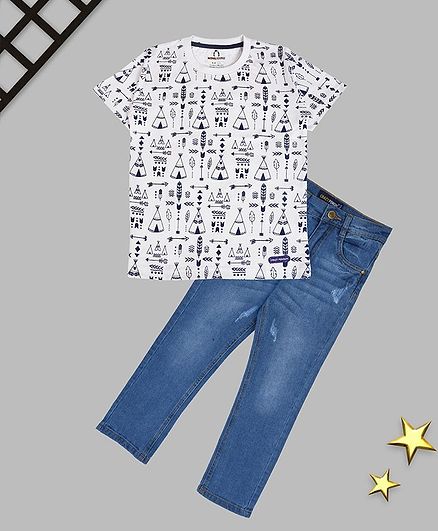 Crazy Penguin Half Sleeves Printed Tee & Denim Jeans Set - White & Blue