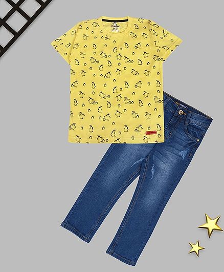 Crazy Penguin Half Sleeves Penguin Printed Tee & Denim Jeans Set - Yellow & Blue