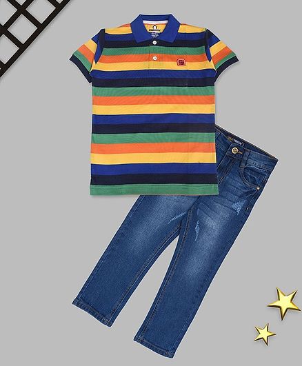 Crazy Penguin Half Sleeves Striped Polo Tee & Denim Jeans Set - Multi Color