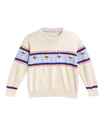 Cherry Crumble By Nitt Hyman Full Sleeves Pom Pom Animal Design Sweater - Cream