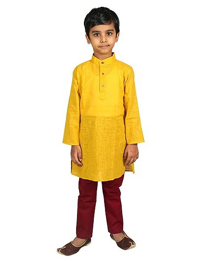Mittenbooty Full Sleeves Solid Kurta With Pajama - Mustard & Maroon