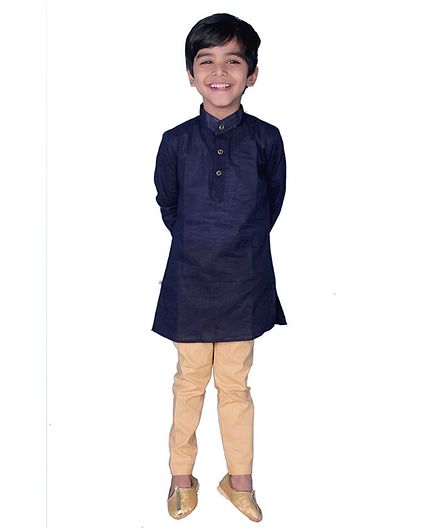 Mittenbooty Full Sleeves Solid Kurta With Pajama - Navy Blue & Beige