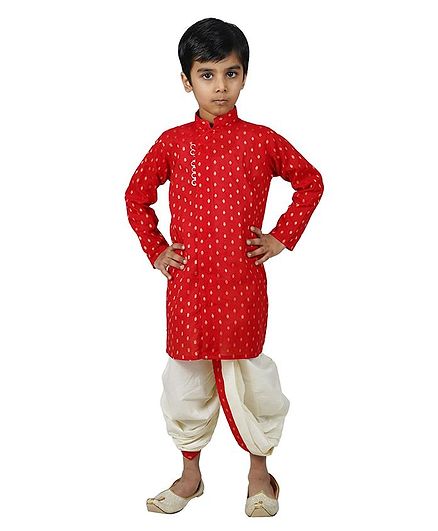Mittenbooty Full Sleeves All Over Golden Foil Print Kurta With Dhoti - Red & Cream
