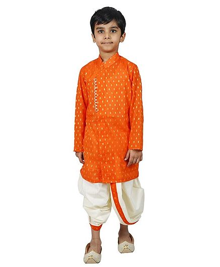 Mittenbooty Full Sleeves All Over Golden Foil Print Kurta With Dhoti - Orange & Cream