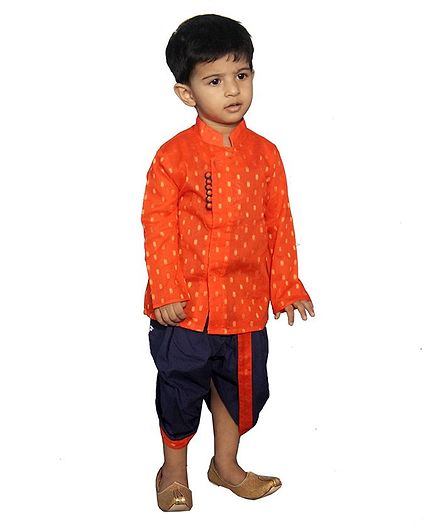 Mittenbooty Full Sleeves All Over Golden Foil Print Kurta With Dhoti - Orange & Navy Blue