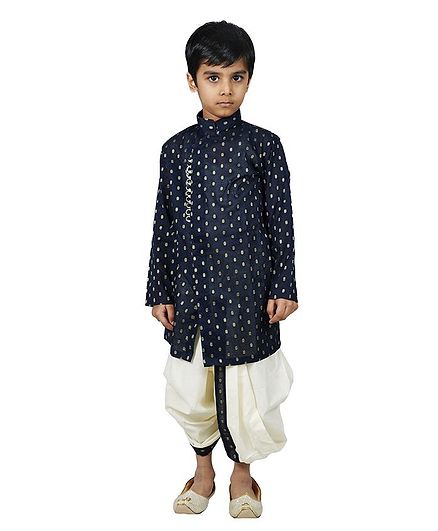 Mittenbooty Full Sleeves All Over Golden Foil Print Kurta With Dhoti - Navy Blue & Cream