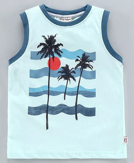 Lazy Bones Sleeveless Tee Palm Tree Print - Blue