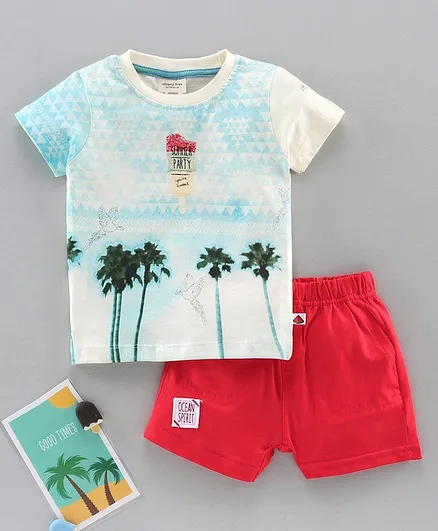 Ollypop Half Sleeves Tee and Shorts Set Summer Print - Cream Red