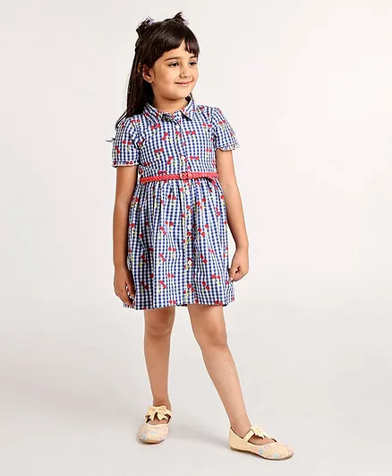 Babyoye Cotton Half Sleeves Checkered Frock with Belt Cherry Print - Blue