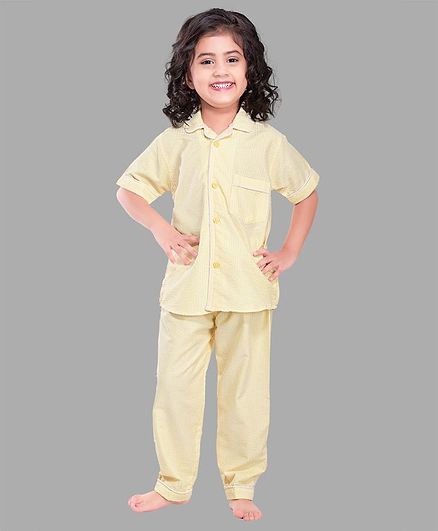 PinkChick Half Sleeves Micro Striped Night Suit - Yellow