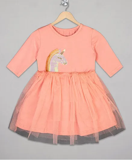 The Sandbox Clothing Co Full Sleeves Unicorn Embellished Dress - Peach