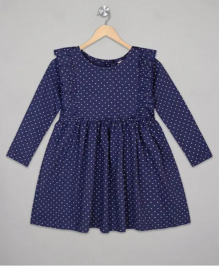 The Sandbox Clothing Co Ruffled Full Sleeves Polka Dot Print Dress - Blue