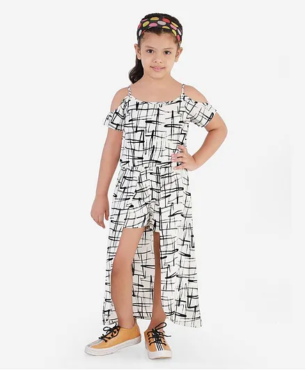 Naughty Ninos Half Sleeves Cold Shoulder Print Jumpsuit - White & Black