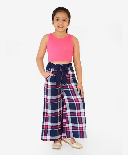Naughty Ninos Sleeveless Top With Checked Palazzos - Pink & Navy Blue