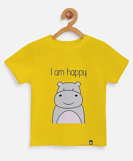 BublaBoo Half Sleeves I Am Happy Rhino Print T-Shirt - Yellow