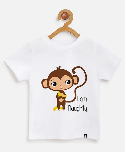BublaBoo Half Sleeves I Am Naughty Monkey Print T-shirt - White