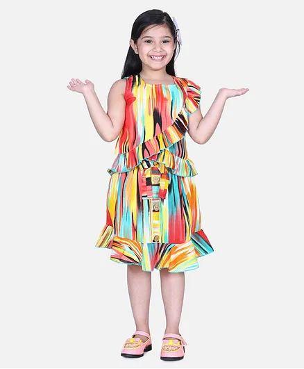 Cutiekins Sleeveless Abstract Design Ruffled Top With Skirt - Multi Color