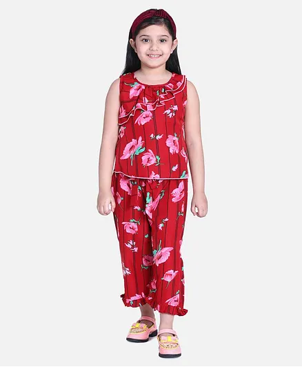 Cutiekins Floral Print Sleeveless Top With Pants - Red