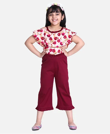 Cutiekins Short Sleeves Floral Print Top With Capri Pants - Maroon