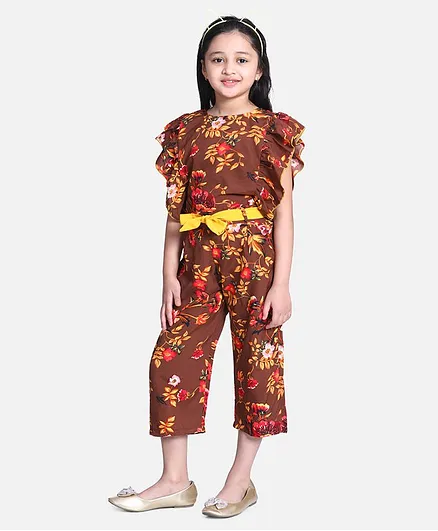 Cutiekins Sleeveless Floral Print Jumpsuit - Brown & Mustard