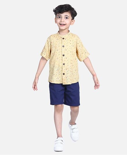 Cutiekins Stripe & Dot Print Half Sleeves Shirt With Shorts - Yellow