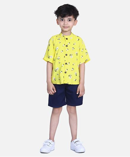 Cutiekins Floral & Dot Print Half Sleeves Shirt With Shorts - Yellow