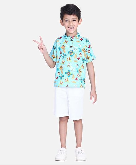 Cutiekins Floral & Butterfly Print Half Sleeves Shirt With Shorts - Light Blue