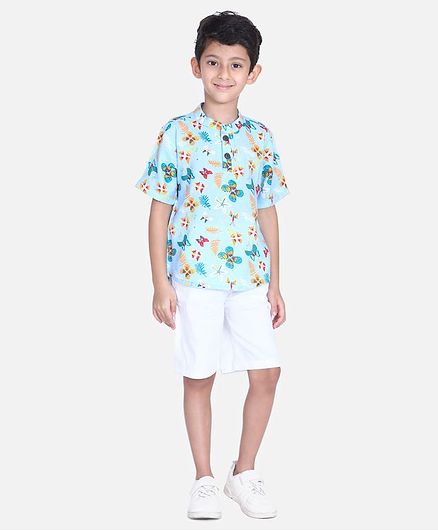Cutiekins Floral & Butterfly Print Half Sleeves Shirt With Shorts - Blue