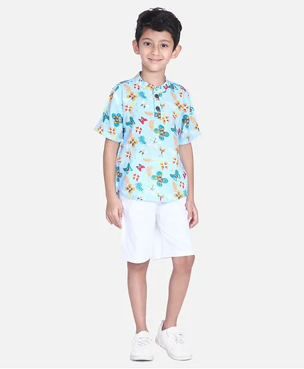 Cutiekins Floral & Butterfly Print Half Sleeves Shirt With Shorts - Blue