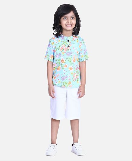 Cutiekins Floral Print Half Sleeves Shirt With Shorts - Blue