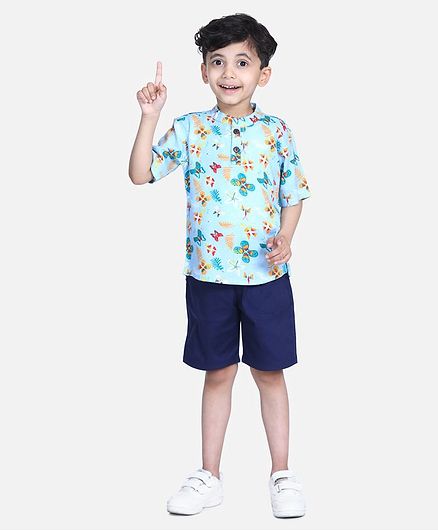 Cutiekins Floral & Butterfly Print Half Sleeves Shirt With Shorts - Blue