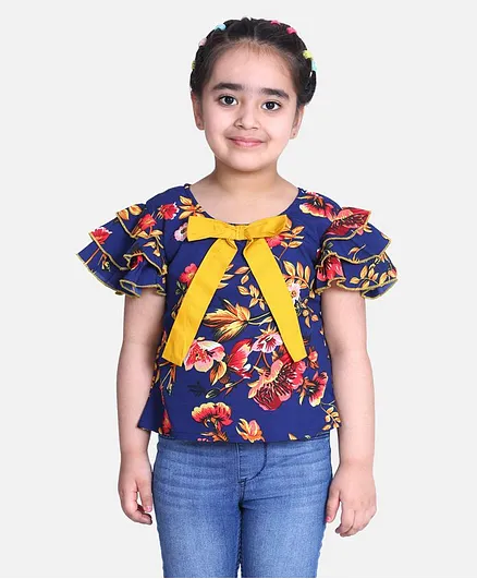 Cutiekins Half Ruffle Sleeves Floral Print Top - Navy Blue