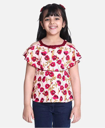 Cutiekins Short Sleeves Floral Print Top - Red & Peach