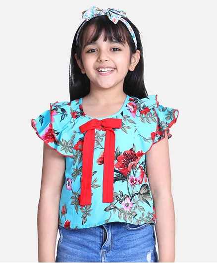 Cutiekins Short Ruffle Sleeves Floral Print Top - Blue