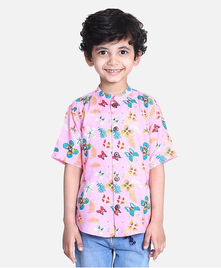Cutiekins Half Sleeves Butterfly & Floral Print Shirt - Light Pink