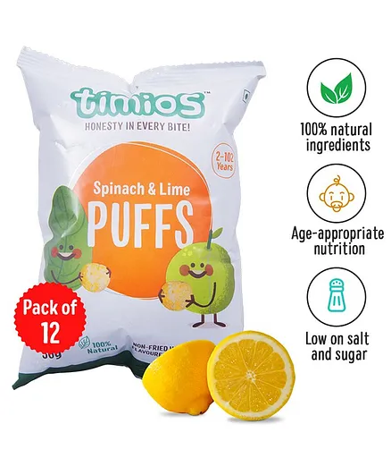 Timios Spinach Lime Snacks Puffs Pack of 12 - 30 gm