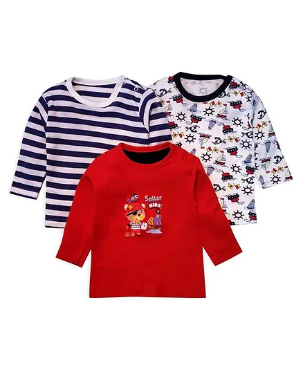 Kidi Wav Striped & Sailor Kids Print Full Sleeves Pack Of 3 Tee - Red