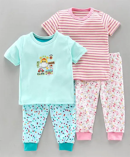 Kidi Wav Pack Of 2 Half Sleeves Giraffe Print Tees With 2 Lounge Pants - Sea Green & Pink